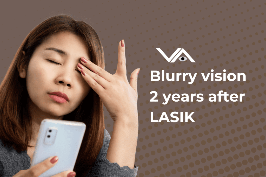 A woman holding a smartphone, rubbing her eye with a concerned expression, with the text "Blurry vision 2 years after LASIK" displayed on a dotted brown background.