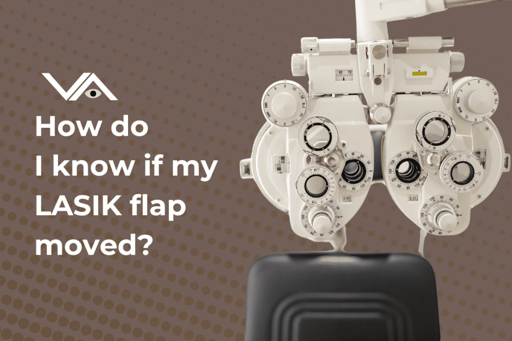 An optometry device with multiple dials and lenses, used for eye examinations, displayed on a brown dotted background. The text reads, "How do I know if my LASIK flap moved?" with an eye-related logo above the text.