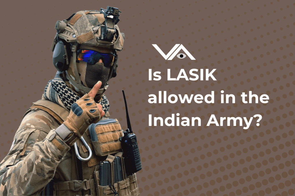 A soldier in full tactical gear, wearing a helmet, goggles, and a scarf, holding up one finger, accompanied by the text "Is LASIK allowed in the Indian Army?" on a dotted brown background with a logo in the top-left corner.