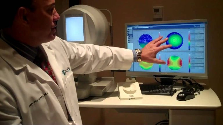 Doctor performing a retinal exam on a patient before LASIK surgery.