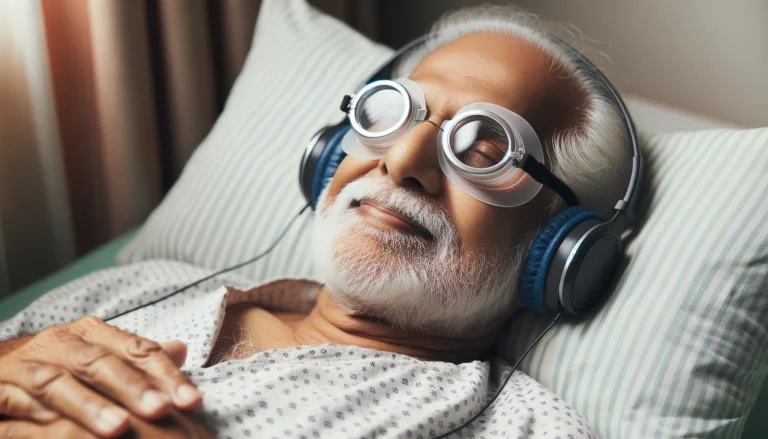 Person wearing an eye shield at night after LASIK surgery.