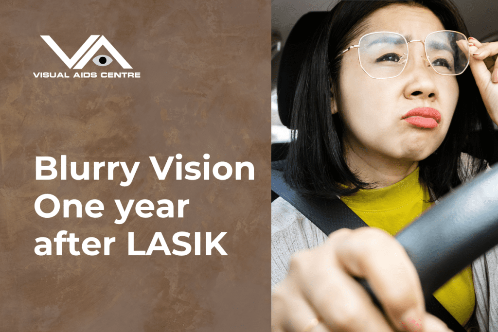 A concerned woman wearing glasses adjusts her frames while sitting in a car, with the text "Blurry Vision One year after LASIK?" on a brown textured background and the Visual Aids Centre logo in the top left corner.