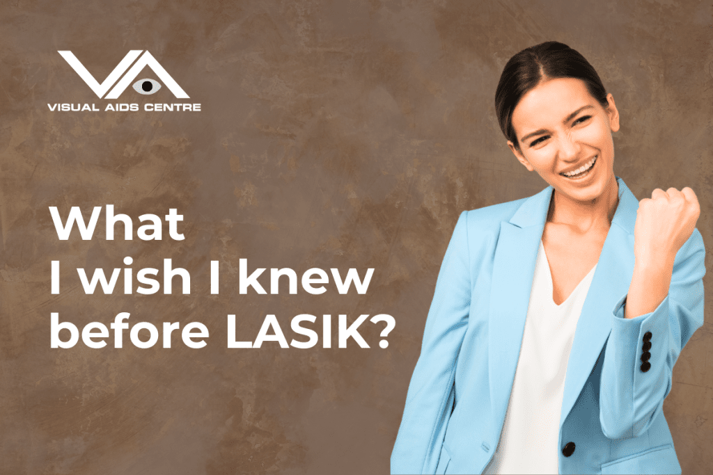 A cheerful woman in a light blue blazer celebrating with a fist pump against a textured background. The text reads, "What I wish I knew before LASIK?"