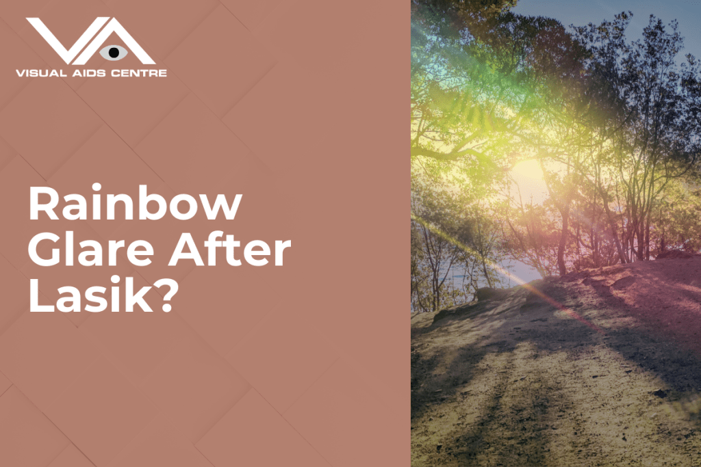 A scenic view of sunlight passing through trees, creating a rainbow glare effect, with the title "Rainbow Glare After Lasik?" displayed on a brown background.