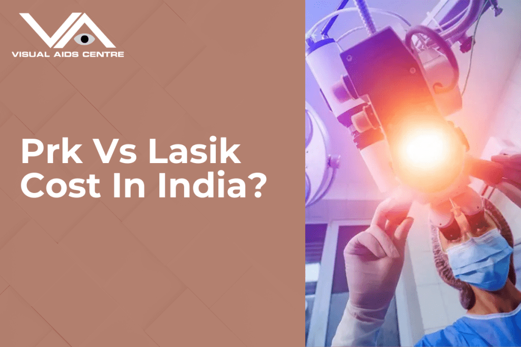 A surgeon operating with a laser eye surgery machine, with the title "Prk Vs Lasik Cost In India?" displayed on a brown background.