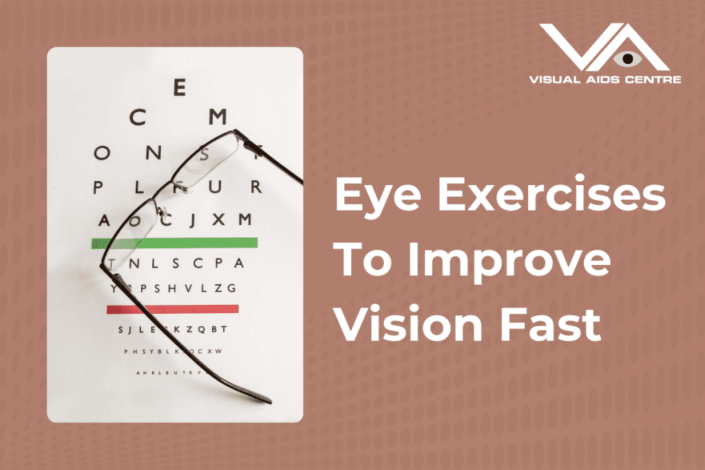 An eye chart with a pair of glasses placed on it, accompanied by the caption "Eye Exercises To Improve Vision Fast" on the right.