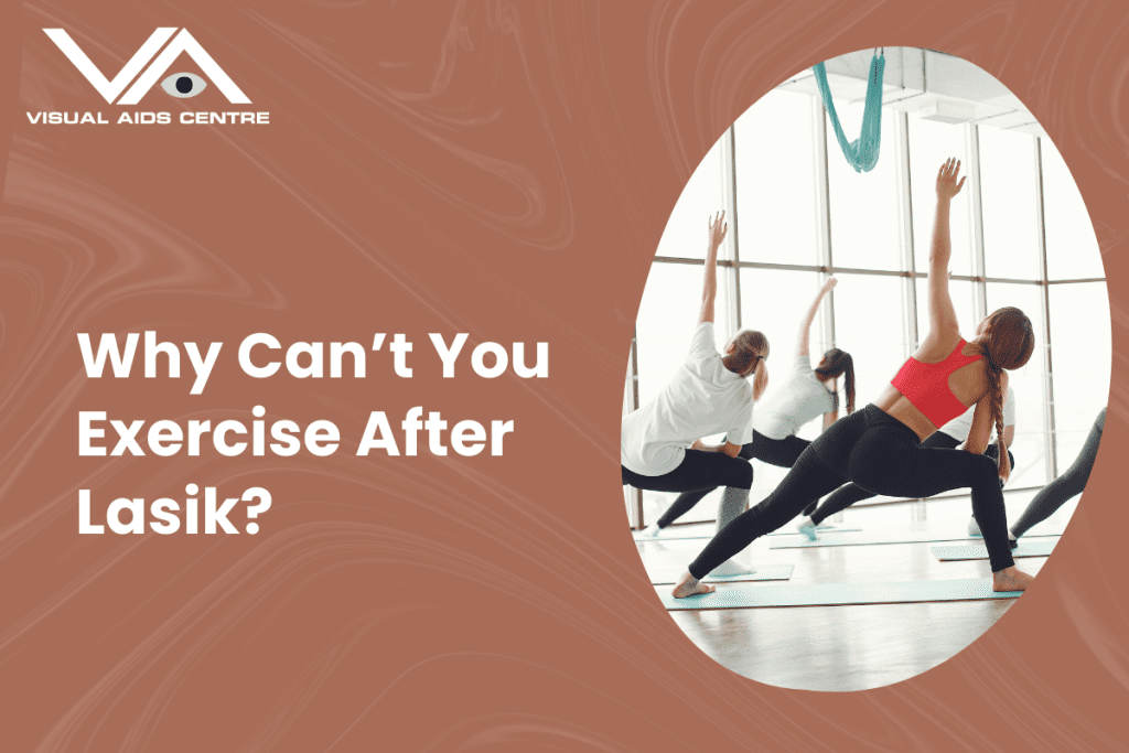 A group of people performing yoga stretches in a bright studio, with the text "Why Can’t You Exercise After Lasik?".