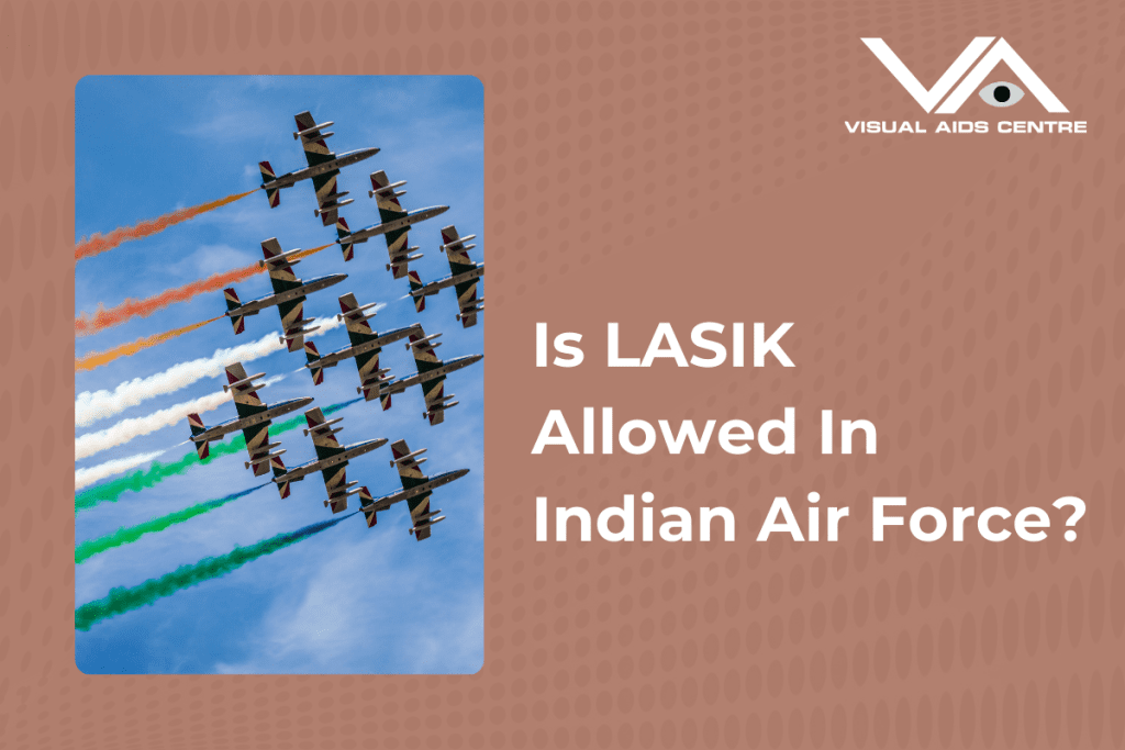 A formation of fighter jets flying in the sky, leaving behind trails of orange, white, and green smoke, with the caption "Is LASIK Allowed In Indian Air Force?" on the right.