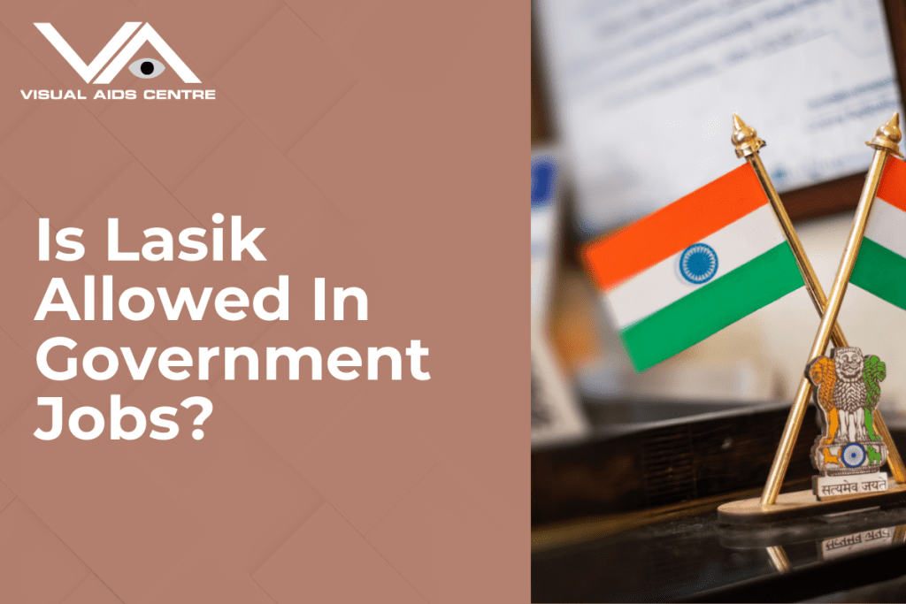 A pair of small Indian flags crossed on a stand featuring the national emblem, alongside the text "Is Lasik Allowed In Government Jobs?".