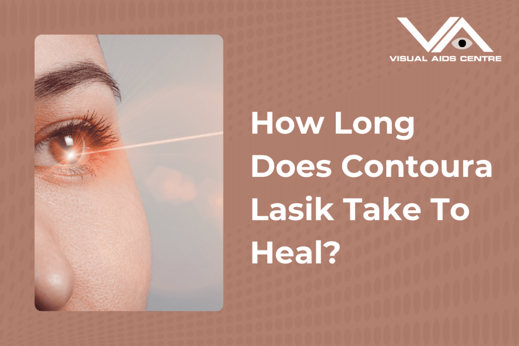 A close-up of a person's eye with a laser beam directed at it, symbolizing a LASIK procedure. The caption reads "How Long Does Contoura Lasik Take To Heal?" on the right.