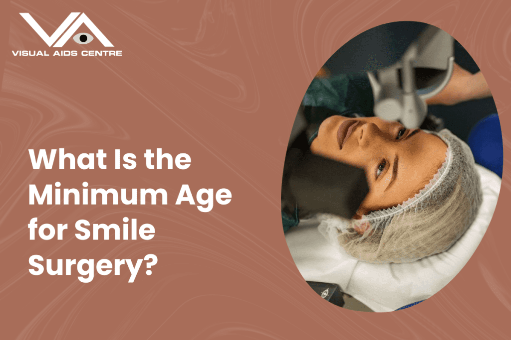 A patient lying on a surgical bed, ready for an eye procedure, paired with the text "What Is the Minimum Age for Smile Surgery?".