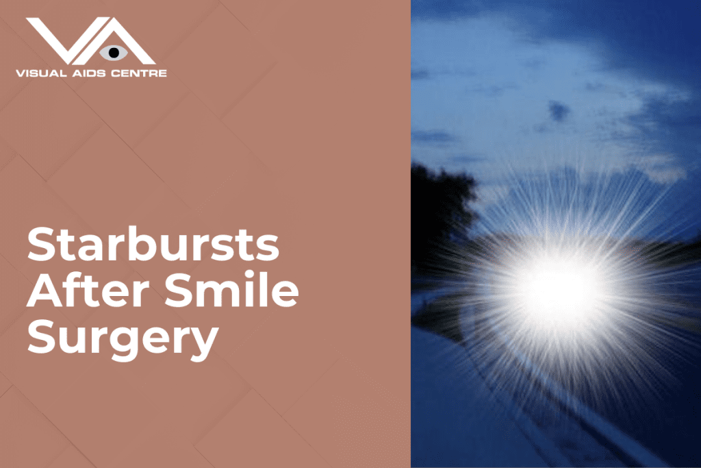 A bright light on a dark road creating starburst effects, with text "Starbursts After Smile Surgery".