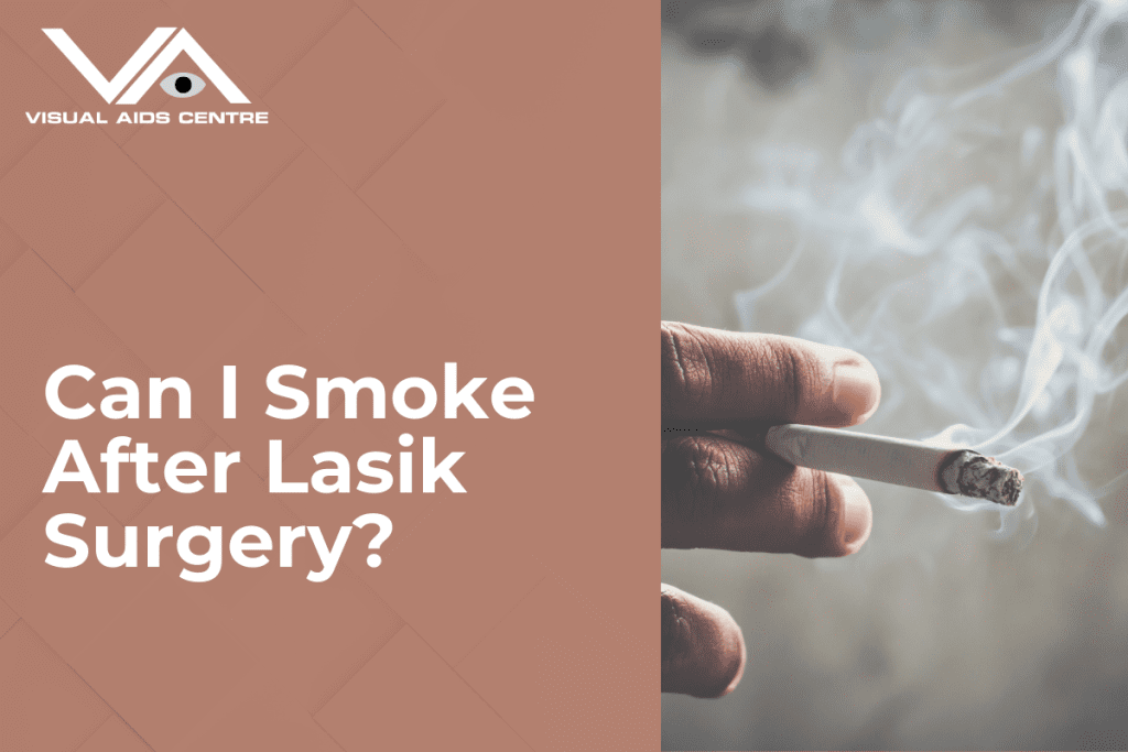 A close-up of a hand holding a lit cigarette, with smoke swirling in the background, accompanied by the text "Can I Smoke After Lasik Surgery?".