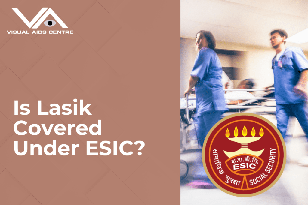 Medical professionals in blue uniforms push a hospital stretcher, with the ESIC logo prominently displayed. The text reads, "Is Lasik Covered Under ESIC?".