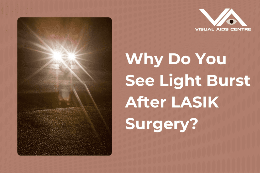 A bright burst of light from a car's headlights at night, with a person standing in the distance, accompanied by the text "Why Do You See Light Burst After LASIK Surgery?" .