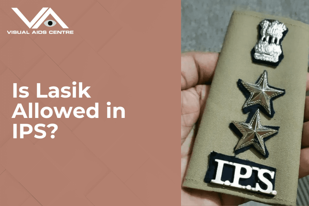 A close-up of an IPS badge with two stars and the Indian national emblem, held in a person’s hand. The text reads "Is Lasik Allowed in IPS?".