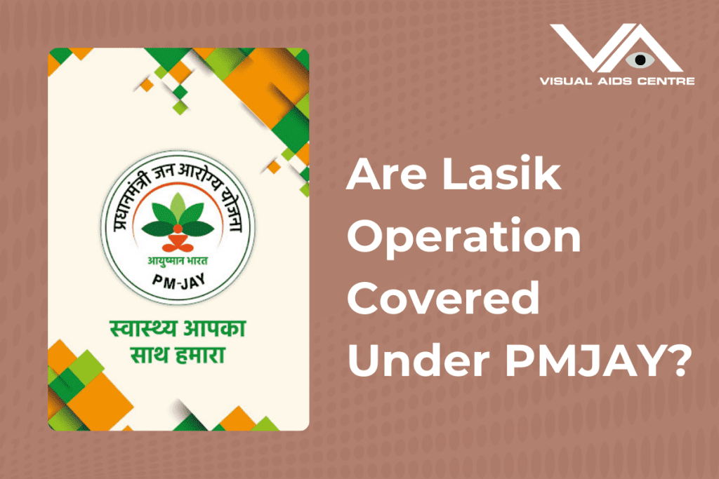 PM-JAY logo with the text "Are Lasik Operation Covered Under PMJAY?" displayed on a patterned brown background.