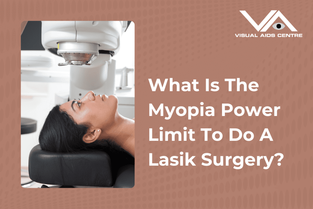 A patient lying down under a LASIK machine during an eye surgery procedure, with the caption "What Is The Myopia Power Limit To Do A Lasik Surgery?" on the right.