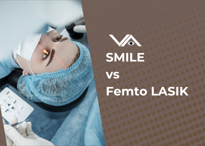 A patient undergoing an eye procedure with a laser beam targeting the eye, accompanied by text reading "SMILE vs Femto LASIK" and a logo featuring a stylized eye and "VA."