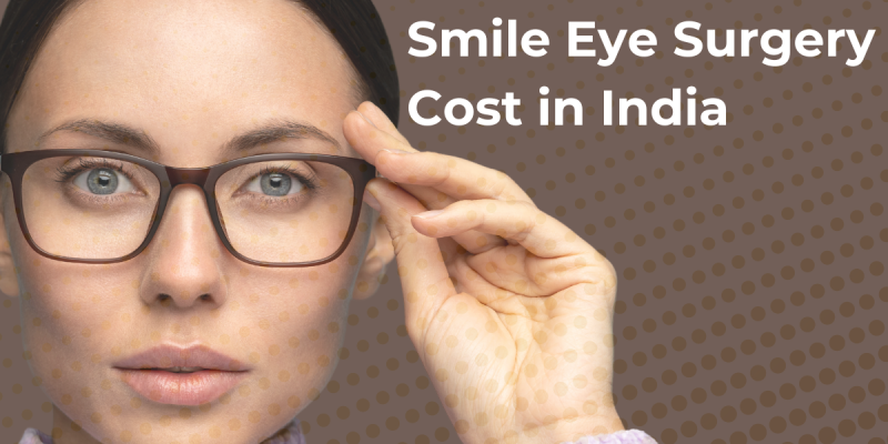 A woman wearing glasses adjusts them with one hand while looking directly at the camera. The text on the image reads: "Smile Eye Surgery Cost in India," accompanied by a logo featuring a stylized eye and "VA."